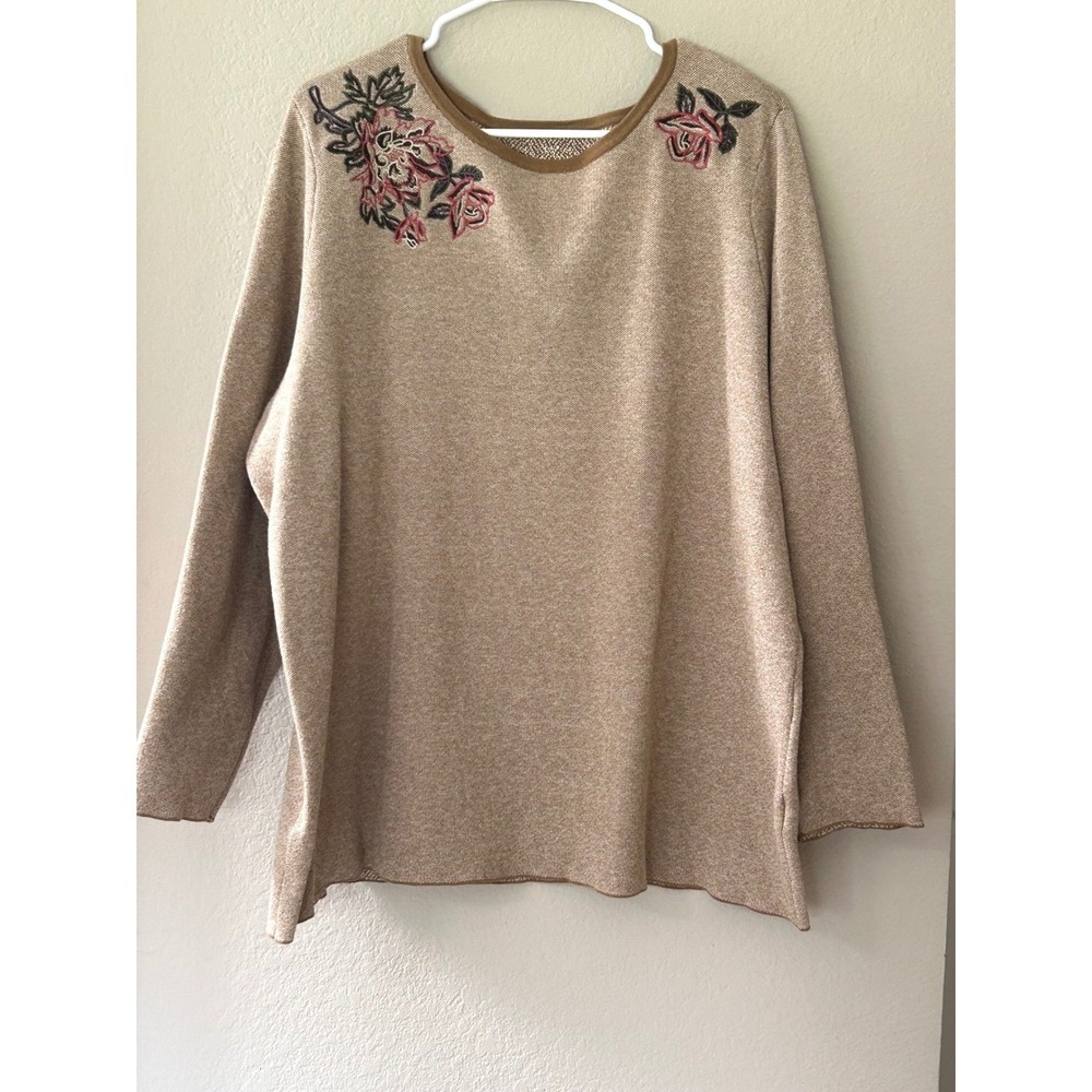 QVC Floral Embroidered Knit Long Sleeve Top Tan Pink Brown A309547 Women XL